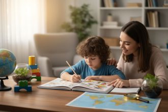 enfant concentré sur ses devoirs dans un bureau bien aménagé
