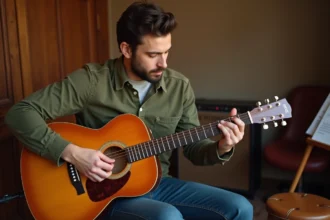 Guitariste adulte jouant un accord Gm en barré sur une guitare acoustique sunburst dans un home studio chaleureux
