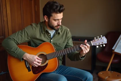 Guitariste adulte jouant un accord Gm en barré sur une guitare acoustique sunburst dans un home studio chaleureux
