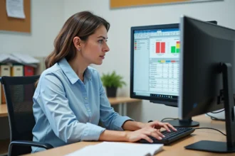 Administratrice scolaire consultant un logiciel de gestion des notes et absences sur ordinateur dans un bureau d'école