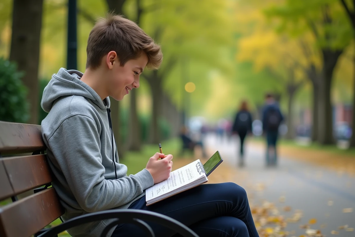 Adolescent révisant le passé simple dans un parc