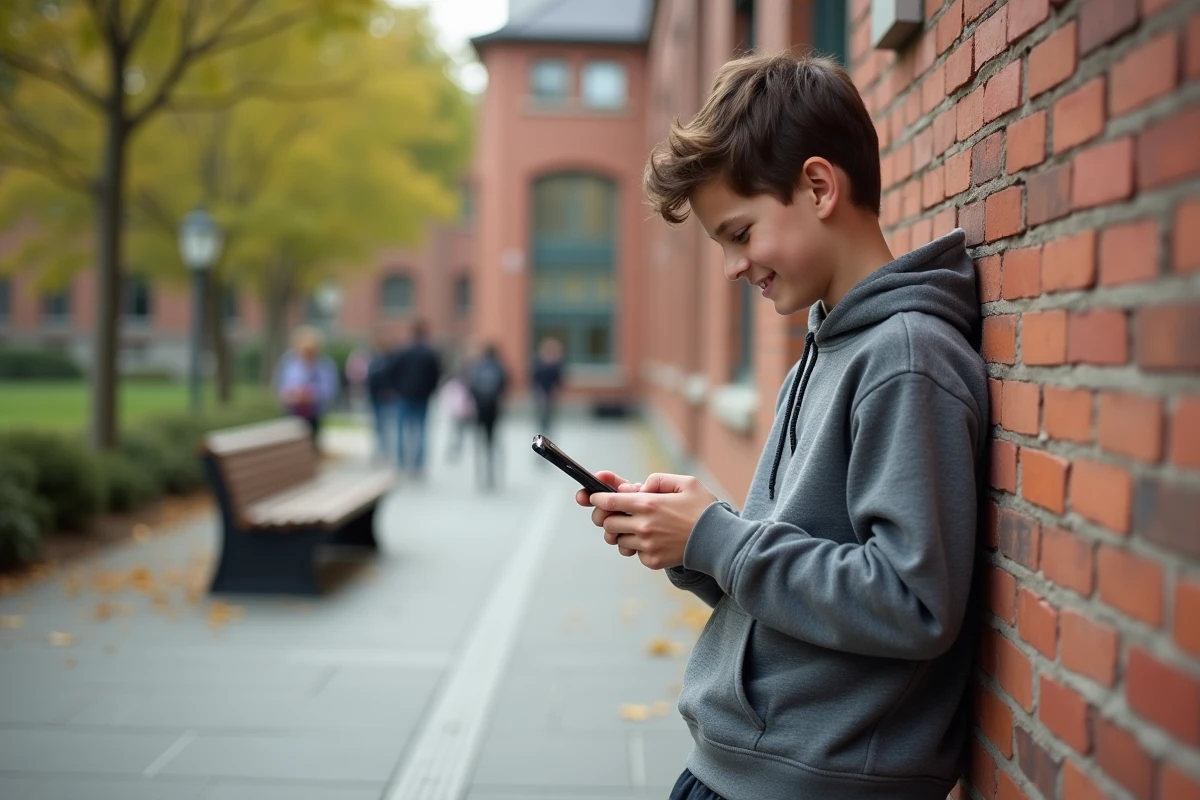 Adolescent avec hoodie regardant son smartphone devant un bâtiment universitaire