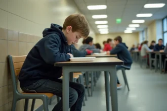Adolescent isolé dans une cantine scolaire, illustrant le harcèlement scolaire en classe SEGPA