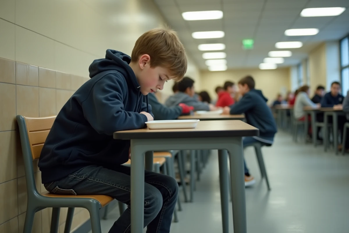 Adolescent isolé dans une cantine scolaire, illustrant le harcèlement scolaire en classe SEGPA