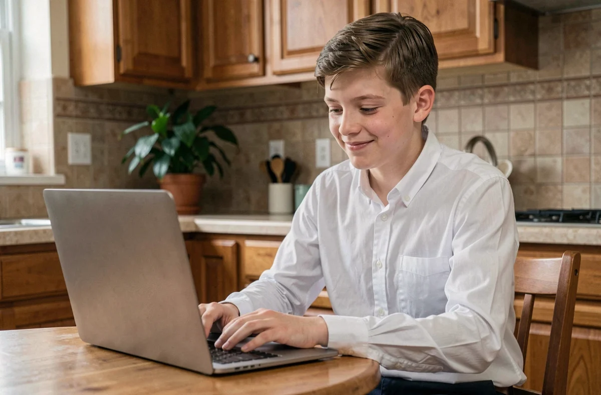 Adolescent souriant devant ses résultats de test QI en ligne sur un ordinateur portable à la maison