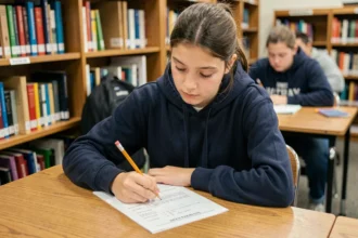 Adolescente concentrée qui complète un test de QI scolaire sur papier dans une bibliothèque scolaire