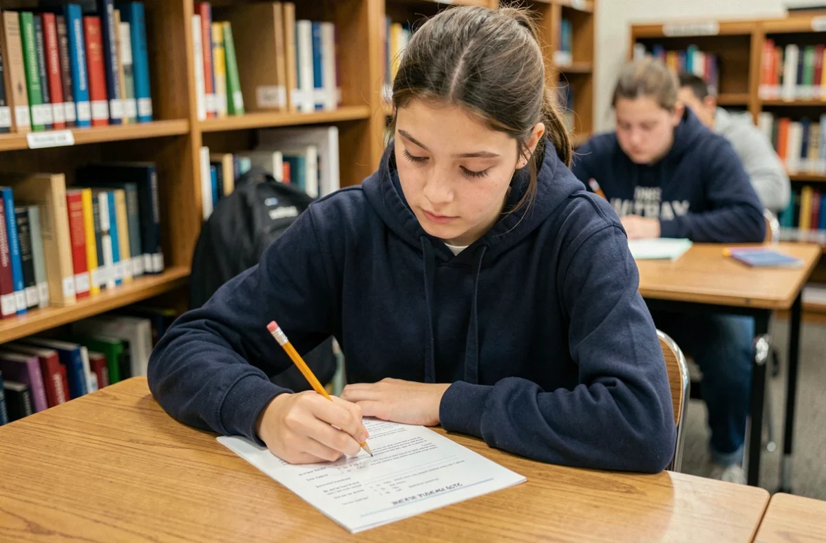 Adolescente concentrée qui complète un test de QI scolaire sur papier dans une bibliothèque scolaire