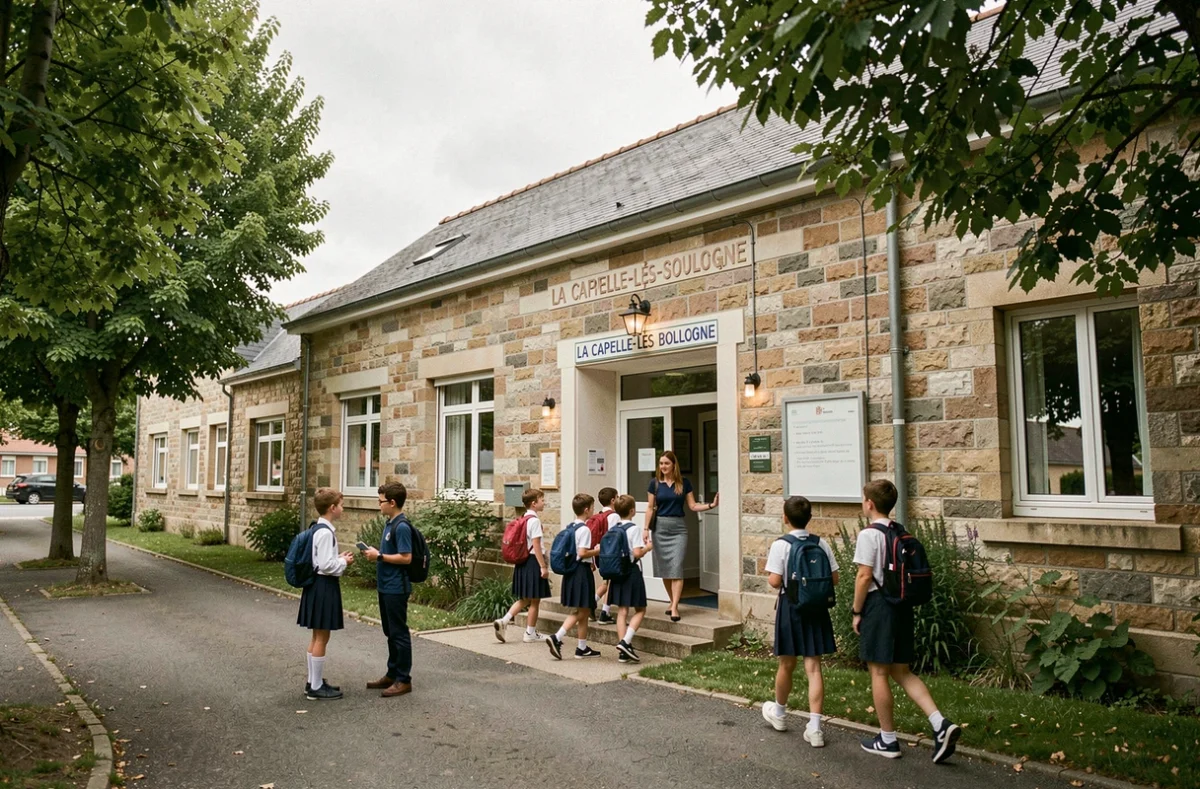 Façade de l'AEP Private School Saint-Joseph à La Capelle-lès-Boulogne avec une enseignante accueillant des élèves en uniforme