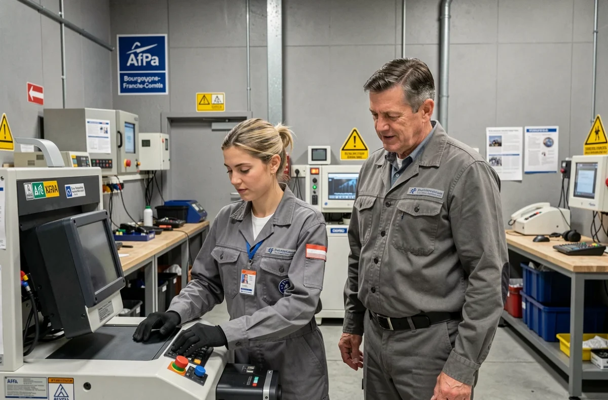 Stagiaire en formation professionnelle sur machine dans un atelier de l'Afpa Bourgogne-Franche-Comté