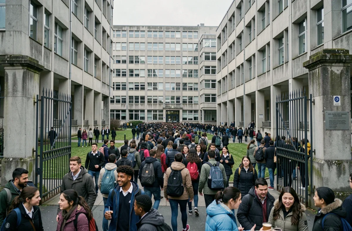 Élèves entrant en masse dans un immense lycée français aux façades de béton et de pierre, illustrant le gigantisme des grands établissements scolaires