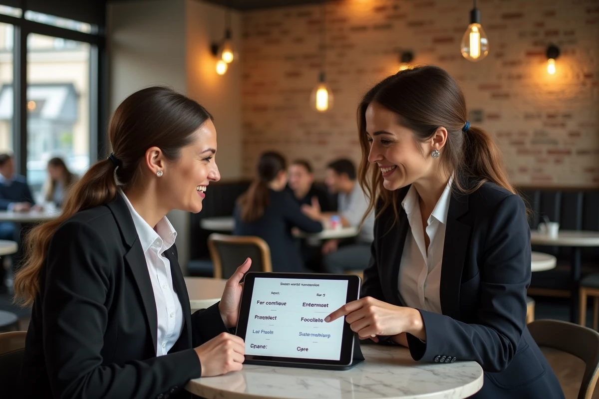 Deux femmes révisant la conjugaison du verbe accueillir au présent sur une tablette dans un café parisien