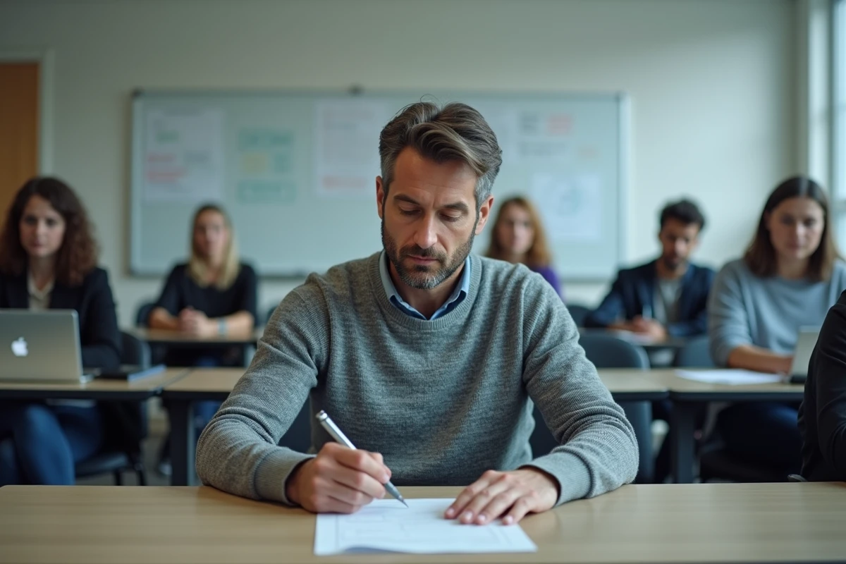 Homme participant à un atelier de recherche d'emploi dans un centre Solerys, concentré sur un exercice de bilan de compétences