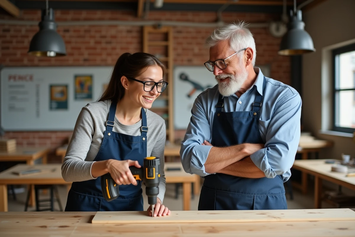 Formateur et participante débutante lors d'un atelier de bricolage professionnel, apprentissage pratique du bricolage en formation
