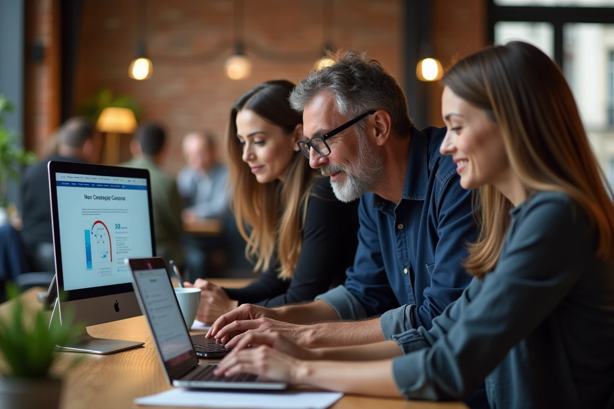 Atelier pratique de formation marketing digital dans un espace de co-working parisien avec des professionnels collaborant sur une stratégie en ligne