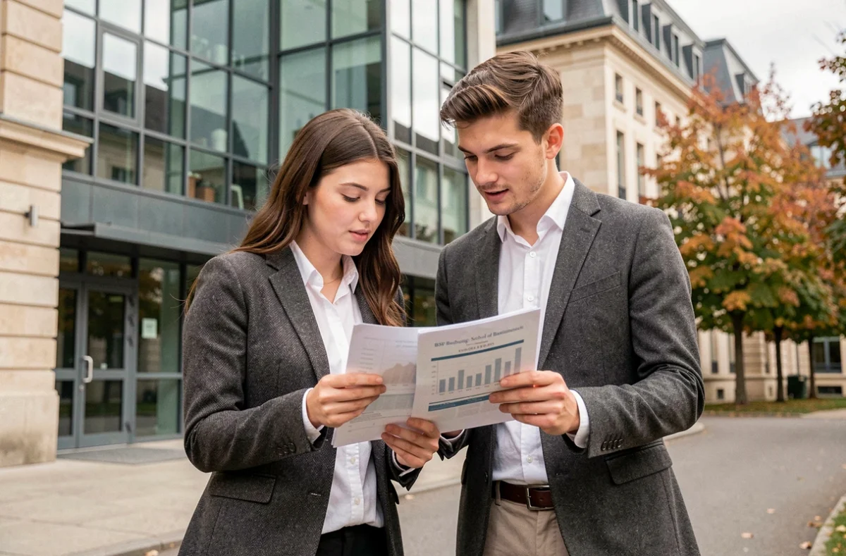 Deux étudiants devant le campus moderne de la BSB Burgundy School of Business à Dijon