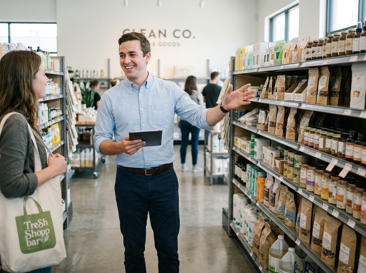 Commercial terrain diplômé d'un BTS NDRC conseillant un client dans un point de vente lors d'une négociation commerciale