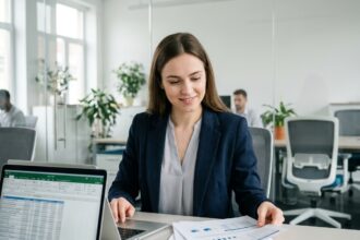Jeune femme titulaire d'un BTS NDRC travaillant dans un bureau commercial moderne, analysant des documents de vente sur ordinateur portable