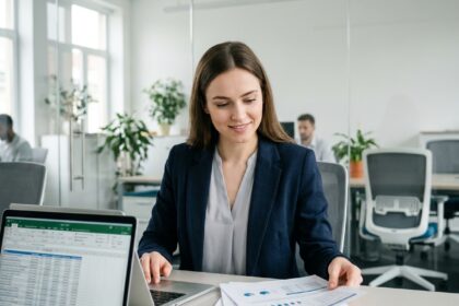 Jeune femme titulaire d'un BTS NDRC travaillant dans un bureau commercial moderne, analysant des documents de vente sur ordinateur portable