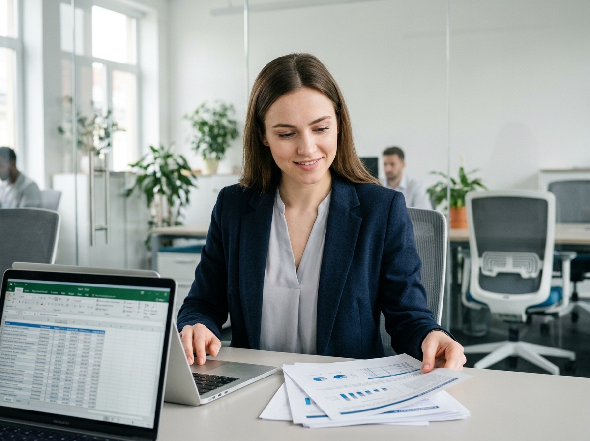 Jeune femme titulaire d'un BTS NDRC travaillant dans un bureau commercial moderne, analysant des documents de vente sur ordinateur portable