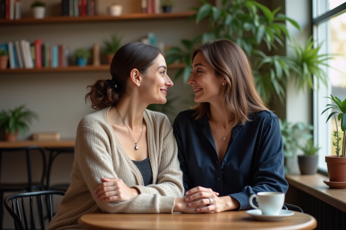 Deux femmes dans un café partageant un moment sincère