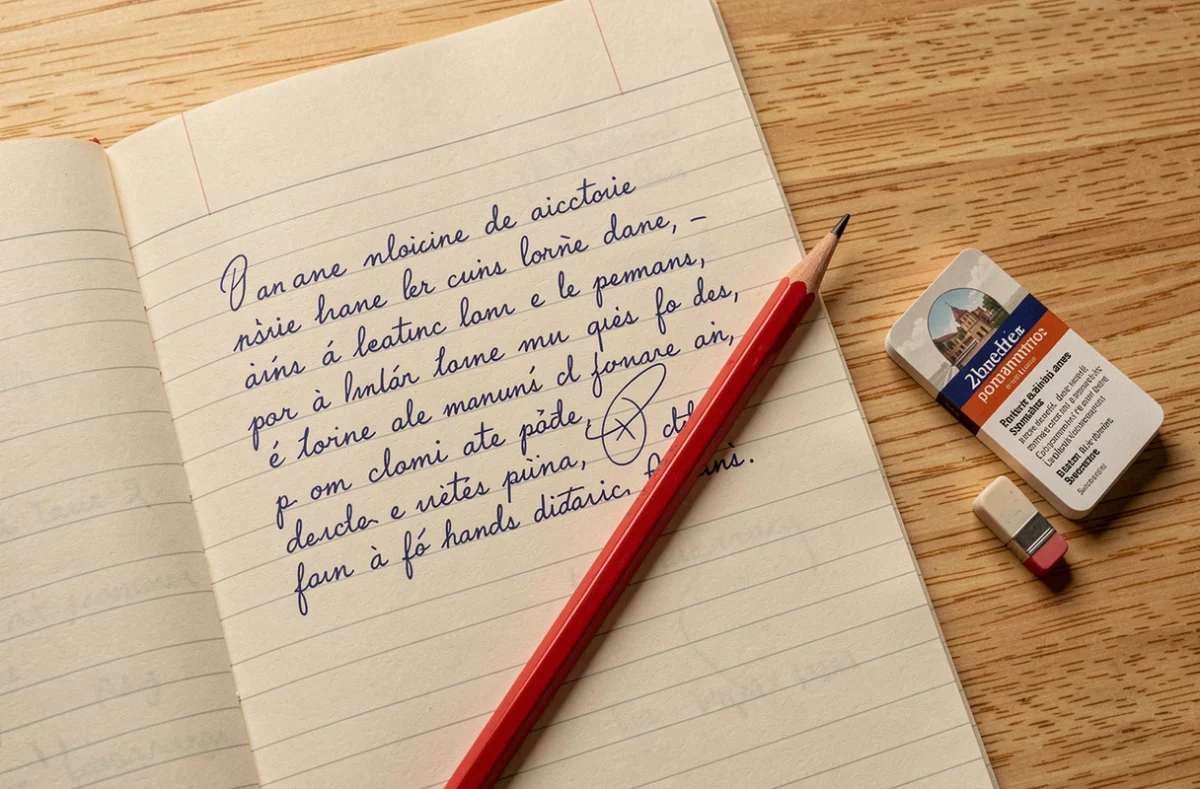 Cahier de dictée CM2 ouvert avec corrections en rouge et matériel scolaire sur un bureau en bois