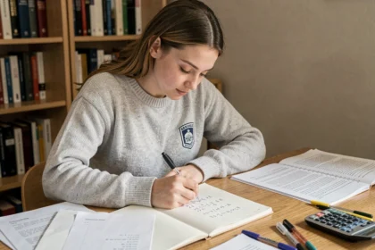 Jeune femme calculant une note sur 25 ramenée sur 20 dans un cahier sur un bureau en bois