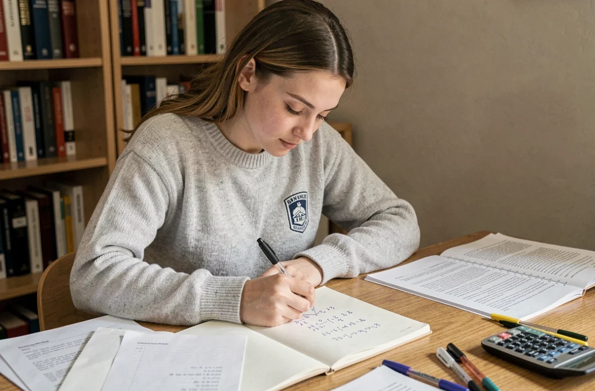 Jeune femme calculant une note sur 25 ramenée sur 20 dans un cahier sur un bureau en bois