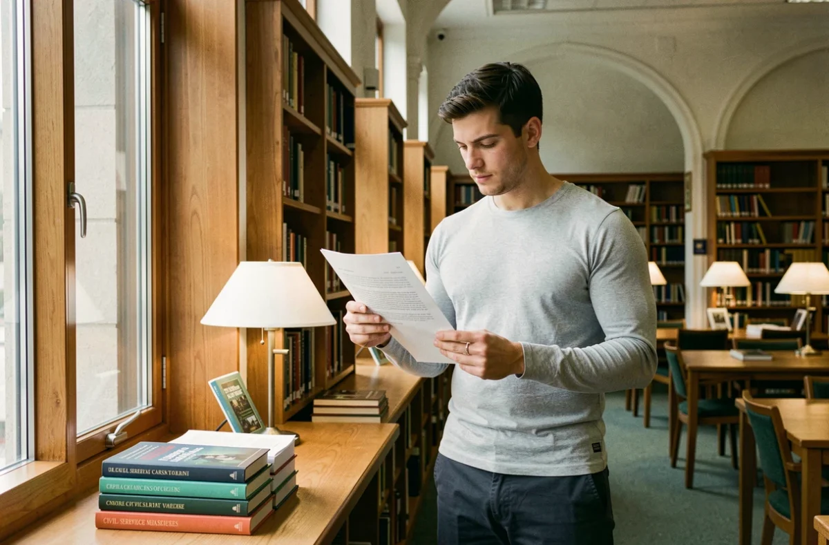Candidat à la gendarmerie relisant sa lettre de motivation dans une bibliothèque après un échec au concours