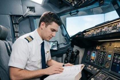 Jeune candidat pilote de ligne en uniforme étudiant dans un simulateur de vol professionnel