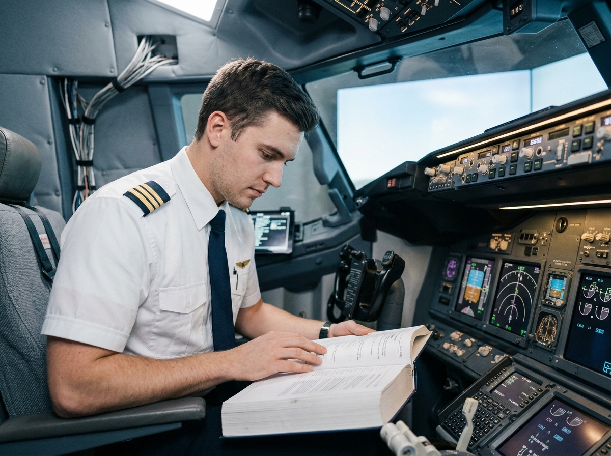 Jeune candidat pilote de ligne en uniforme étudiant dans un simulateur de vol professionnel