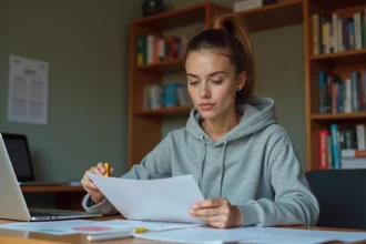 Jeune femme candidate libre révisant des questions de permis de conduire sur un document PDF imprimé à son bureau