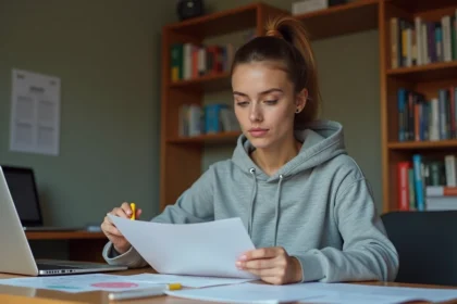 Jeune femme candidate libre révisant des questions de permis de conduire sur un document PDF imprimé à son bureau