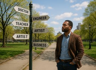 Personne confiante à un carrefour en ville avec panneaux de carrière