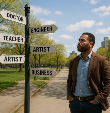 Personne confiante à un carrefour en ville avec panneaux de carrière