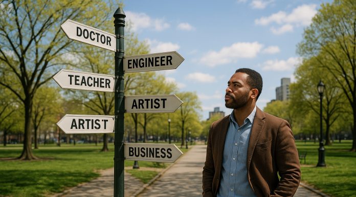 Personne confiante à un carrefour en ville avec panneaux de carrière