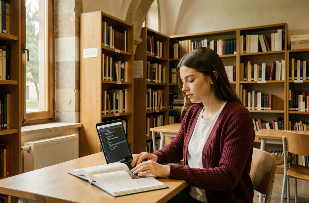 Étudiante en licence informatique dans la bibliothèque du Centre Scolaire Notre-Dame à Villefranche-sur-Saône