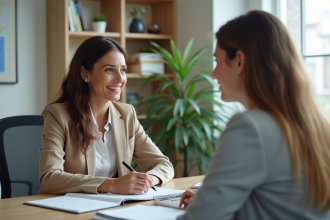 Coach femme en discussion avec une cliente dans un bureau lumineux