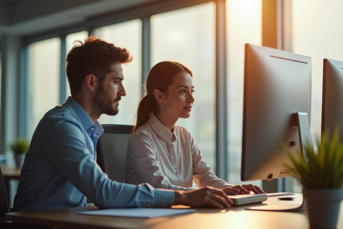 Formateur guidant un employe au bureau en matinée