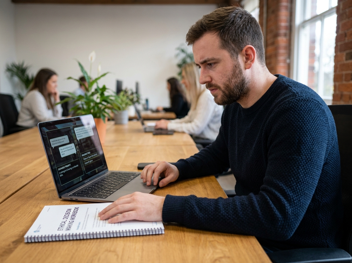 Collaborateur seul concentré sur un serious game interactif en ligne pour se former à des sujets complexes en entreprise