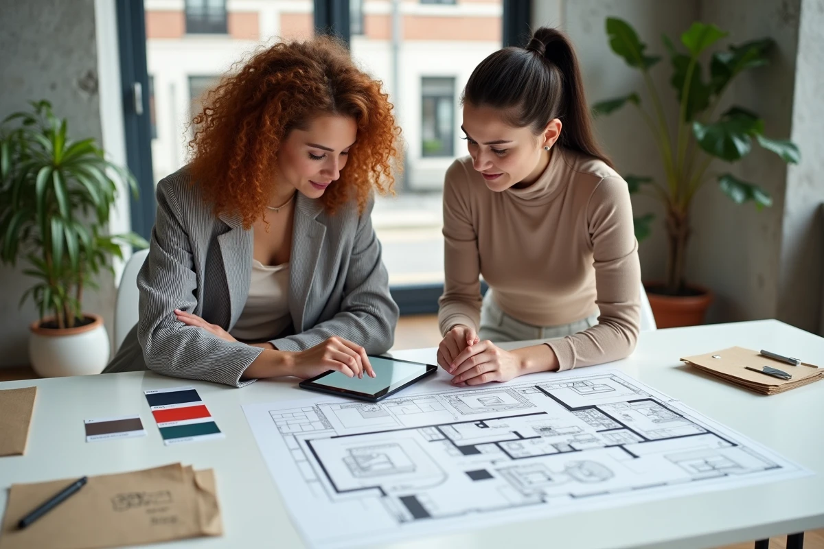 Deux décoratrices freelance collaborant sur un plan d'aménagement intérieur dans un espace de co-working moderne