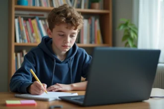 Collégien consultant l'ENT sur son ordinateur portable pour suivre ses devoirs scolaires