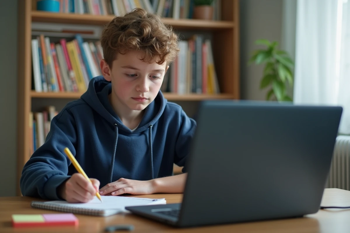 Collégien consultant l'ENT sur son ordinateur portable pour suivre ses devoirs scolaires