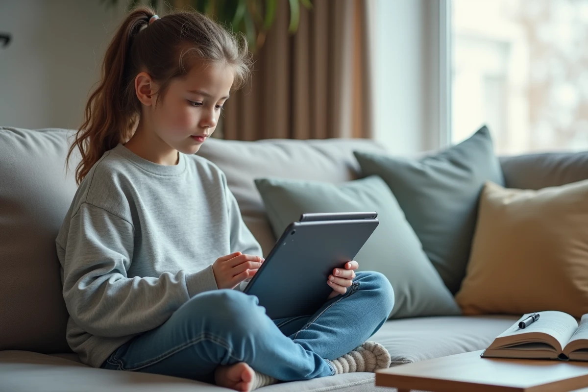 Collégienne utilisant une tablette pour vérifier ses devoirs sur l'ENT depuis son salon