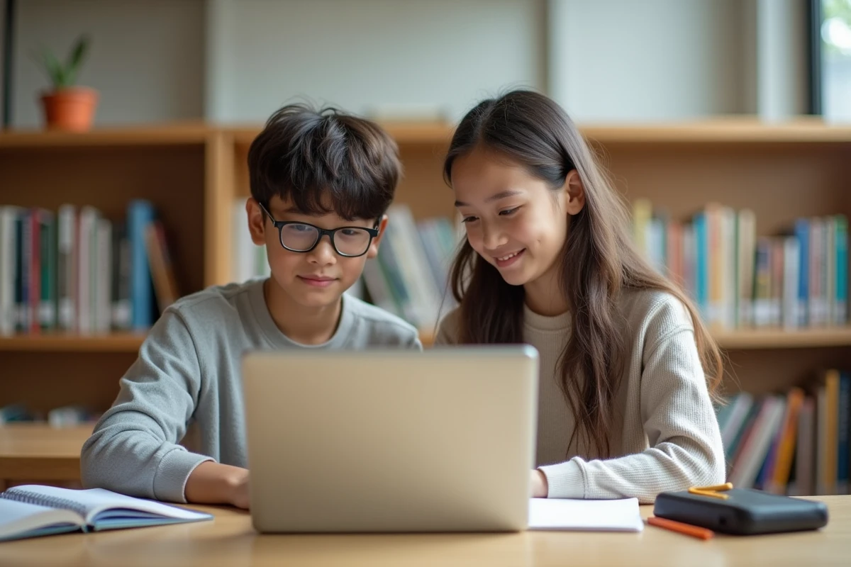 Deux collégiens travaillant ensemble sur l'ENT à la bibliothèque scolaire pour organiser leurs devoirs