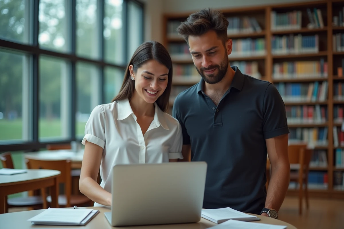 Deux collègues consultant une liste de conférences professionnelles archivées sur un portail e-learning en bibliothèque universitaire