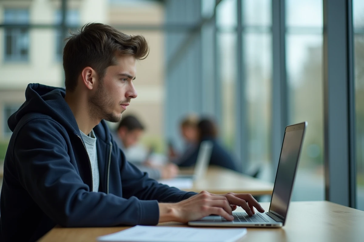 Étudiant comparant l'ENT et Moodle Artois sur son ordinateur dans une salle commune de campus universitaire