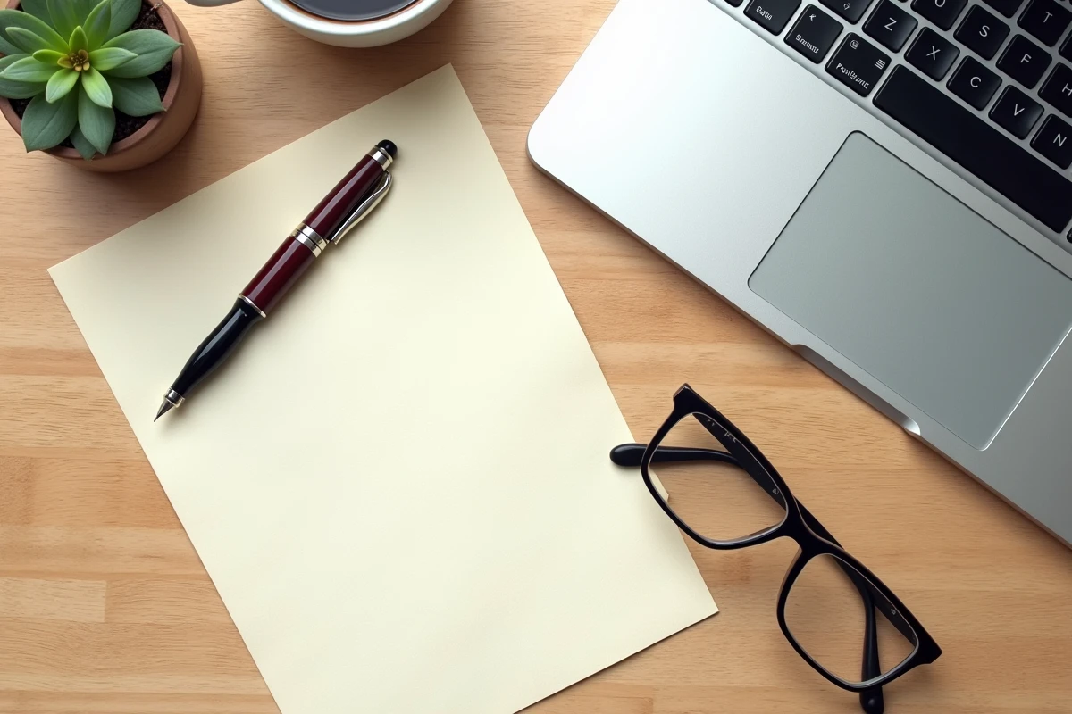 Vue de dessus d'un bureau avec une lettre de recommandation manuscrite posée à côté d'un ordinateur portable ouvert sur un brouillon d'email, symbolisant le choix entre les deux formats