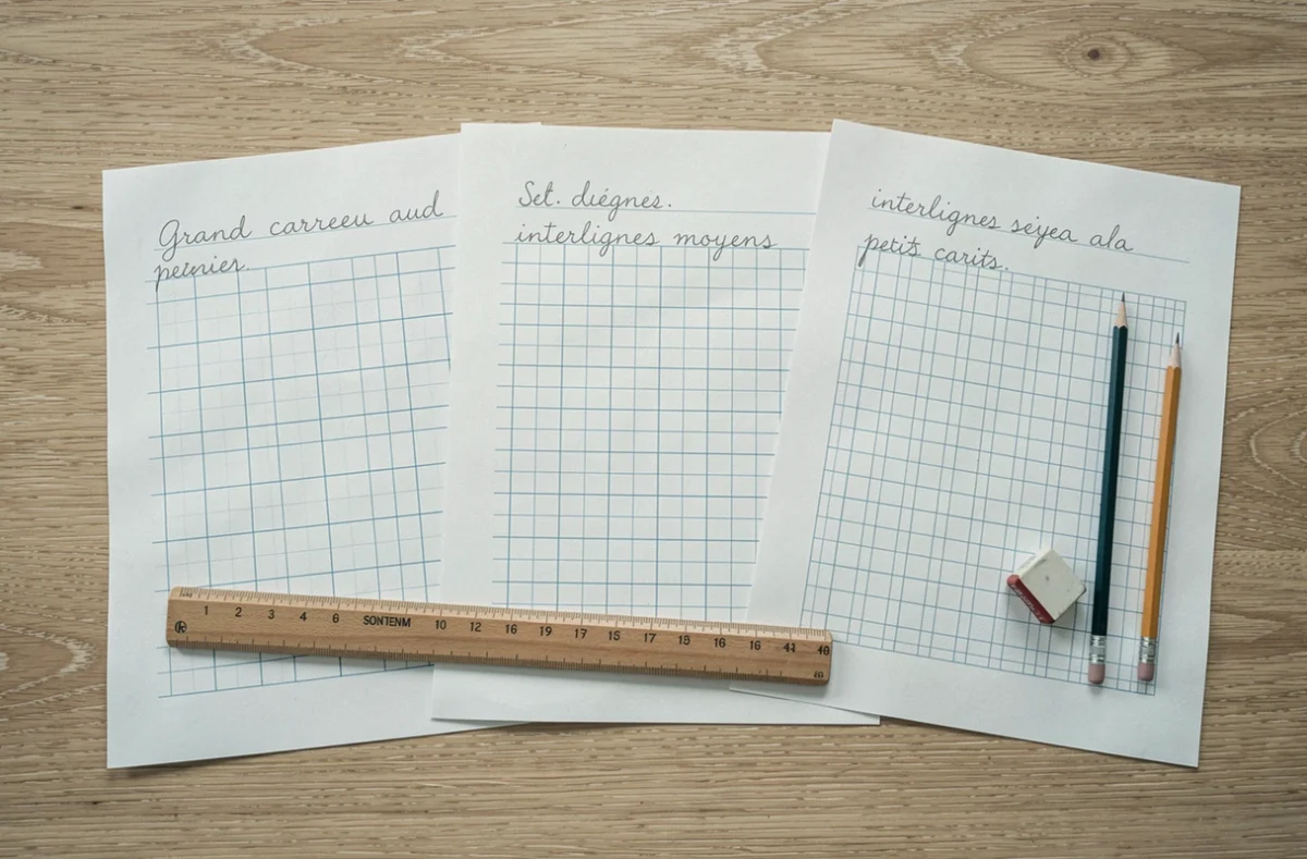 Comparaison de trois types de lignage Séyes pour CP CE1 CE2 posés sur une table en bois