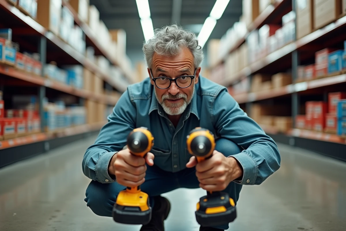 Homme comparant deux perceuses sans fil dans un magasin de bricolage après avoir suivi une formation en ligne