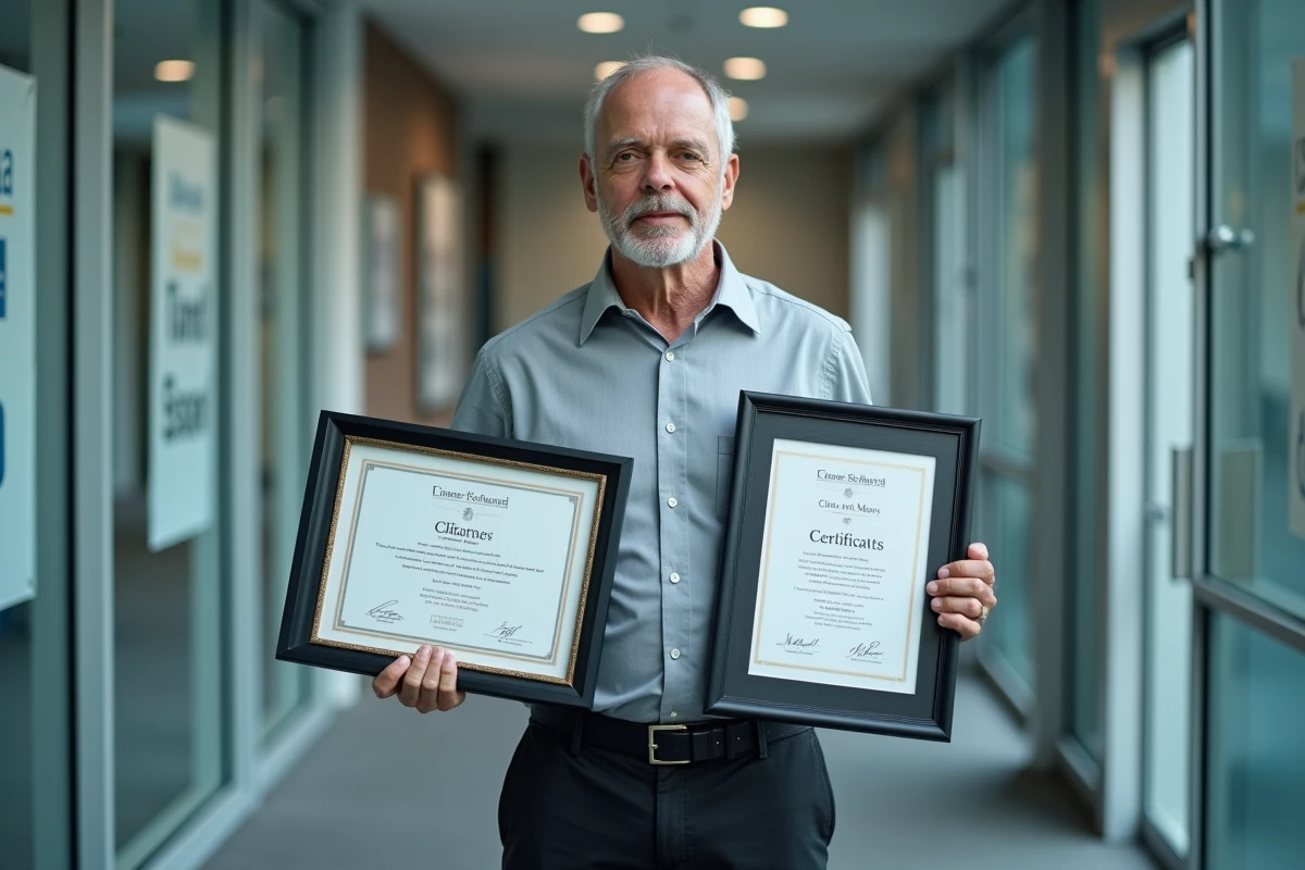 Homme d'affaires comparant un titre professionnel et un diplôme dans un couloir de centre de formation professionnelle